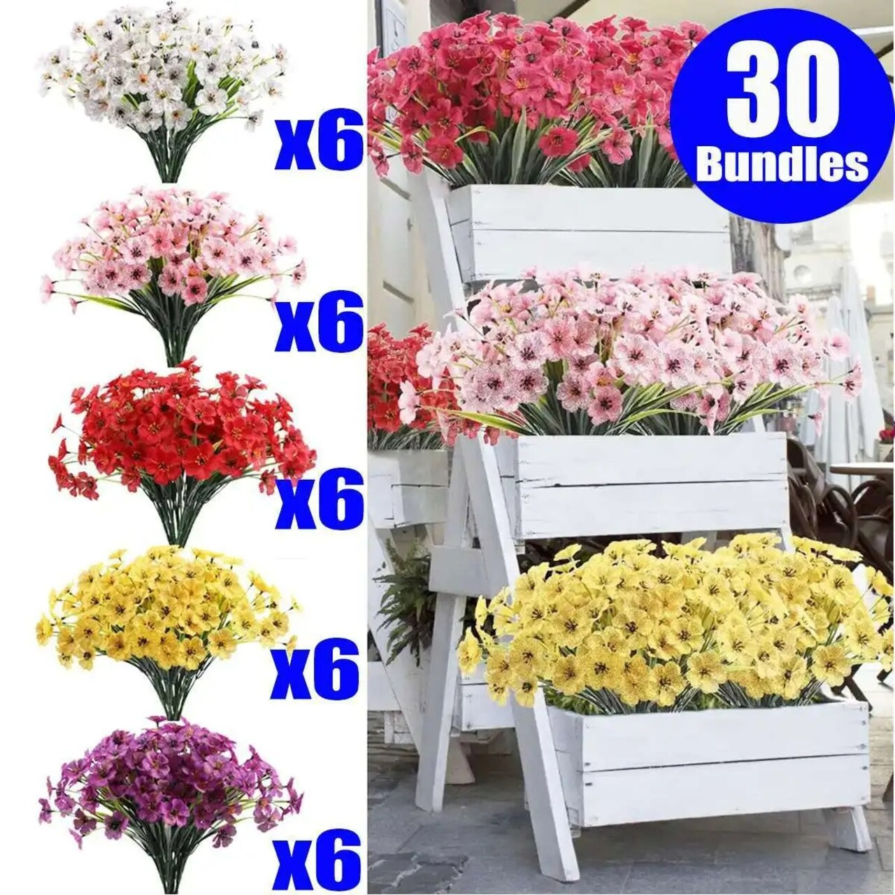 30 Bundles Artificial Flowers Plastic Plant Fake Outdoor Faux UV Resistant Decor